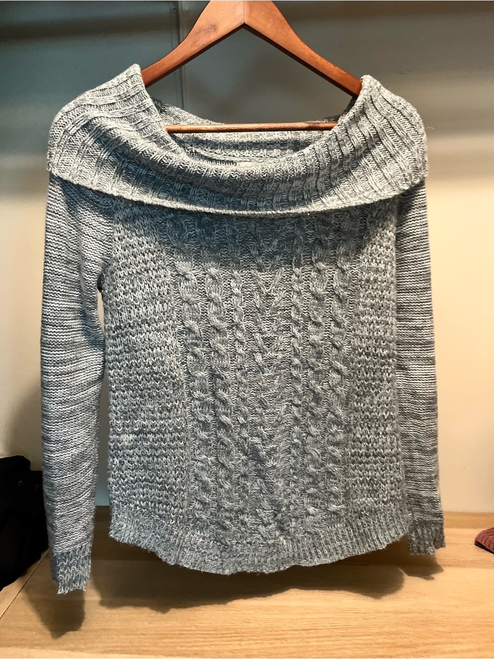 It's Our Time Light Gray Off-Shoulder Cable Knit Sweater